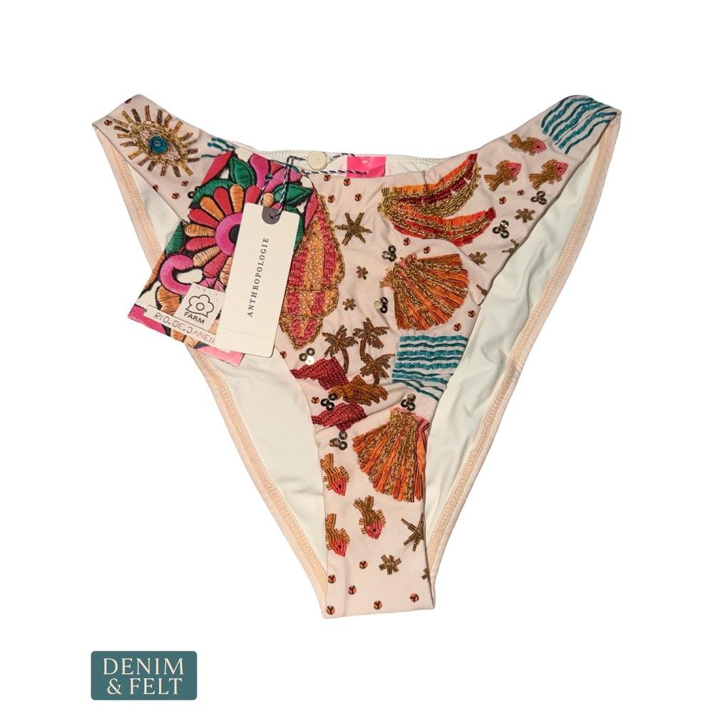 NEW Farm Rio x Anthropologie Beaded Bikini Bottoms Neutral Embroidered XS
